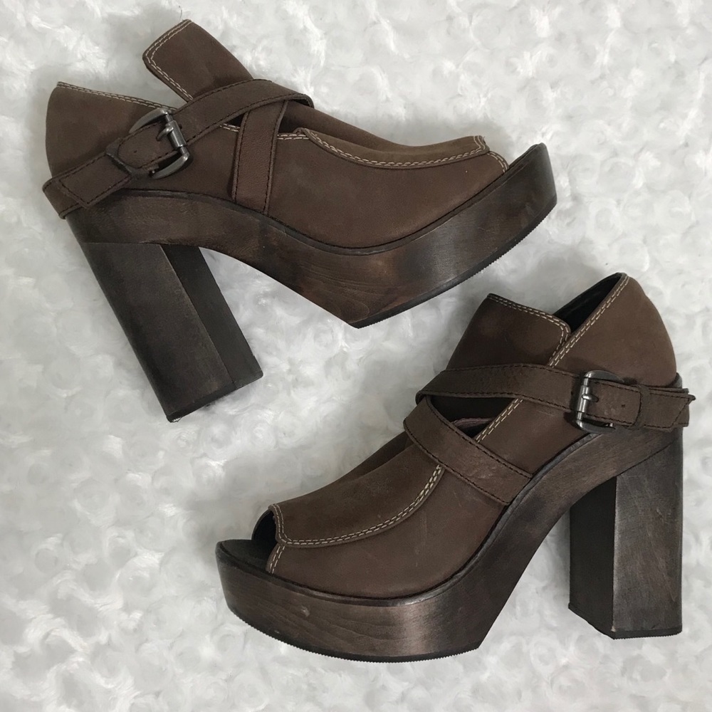 Joie 39.5 Leather Peep Toe Wooden Clog Heel Bootie
